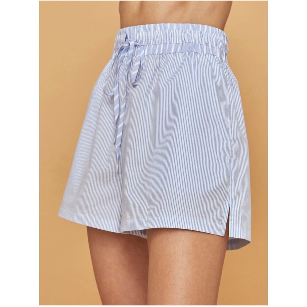 Carbon38 | Women's Easy Pull On Poplin Cotton Lounge Shorts Navy Stripe Size S